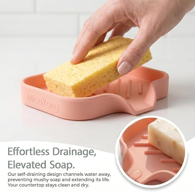 MicoYang Silicone Soap Dish with Drain Spout, Self-Draining Sink Organizer Tray for Bathroom and Kitchen, Sponges, Dispensers and Soap Holder, Non-Slip and Dishwasher Safe, Pink (Compact, 4.9"×3.2")