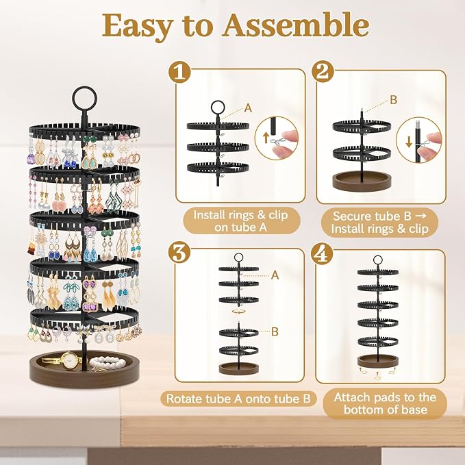 MODOWEY 5 Tier Rotating Earring Holder Organizer Display Tree with Wooden Tray, Adjustable Plastic Stand with 285 Slots for Stud Hoop Hanger, Large Capacity Storage Rack for Women Space Saving, Black