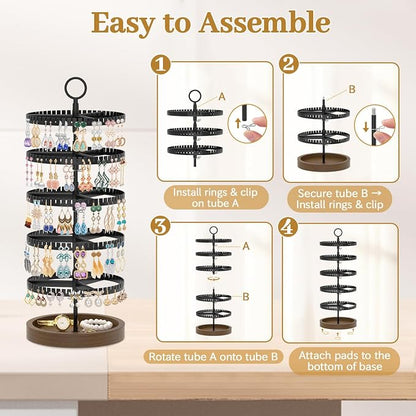 MODOWEY 5 Tier Rotating Earring Holder Organizer Display Tree with Wooden Tray, Adjustable Plastic Stand with 285 Slots for Stud Hoop Hanger, Large Capacity Storage Rack for Women Space Saving, Black
