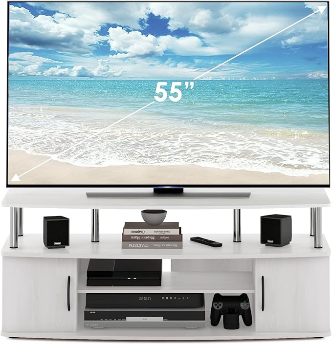 Furinno JAYA Large Entertainment Stand for TV Up to 55 Inch, White Oak/Chrome