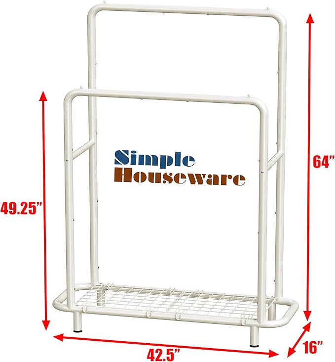 Simple Houseware Double Rod Clothing Garment Rack with Bottom Shelves, White