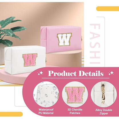 Personalized Makeup Bag Initial A-Z Preppy Patch Bag,Small PU Leather Travel Cosmetic Bag Pouch with Zipper,White Cute Toiletry Bag,Gift Ideal for Teen Girls Women Birthday Friend Mom,Letter W