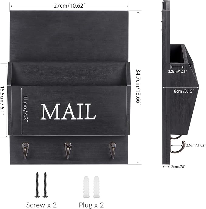 DLQuarts Mail Organizer with Key Holder for Wall, Mail Sorter Wall Mounted, Decorative Wooden Key and Mail Holder with 3 Hooks, Black