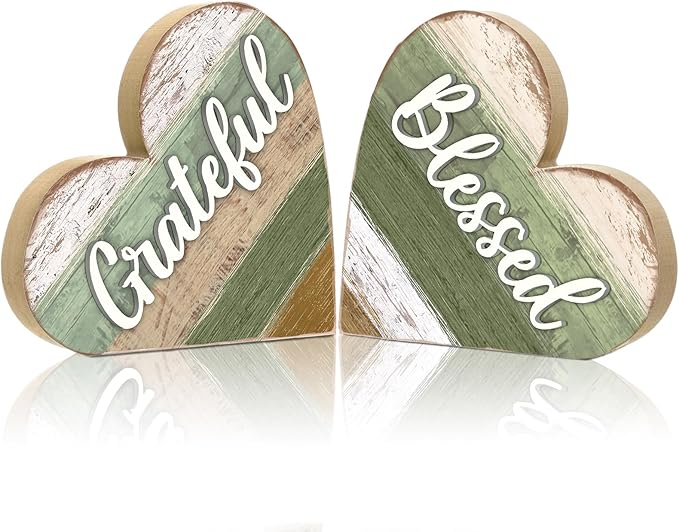Jetec 2 Pcs Rustic Table Decorations for Living Room Home Decor Farmhouse Valentines Day Centerpiece Small Love Wooden Heart Decor for Dining Room Shelf Valentines Gift Decoration(Blessed Style)
