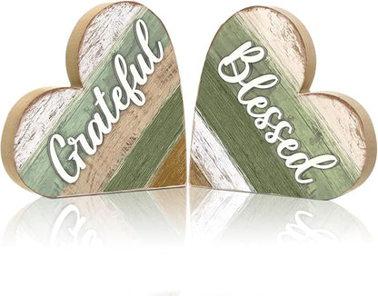 Jetec 2 Pcs Rustic Table Decorations for Living Room Home Decor Farmhouse Valentines Day Centerpiece Small Love Wooden Heart Decor for Dining Room Shelf Valentines Gift Decoration(Blessed Style)