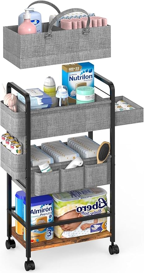 LIDTOP 2In1 Baby Diaper Caddy & 4-Tier Rolling Diaper Cart, Diaper Caddy Organizer Cart with Dividers & Drawer, Mobile Metal Bedside Cart for Nursery Essentials Storage, Large Capacity