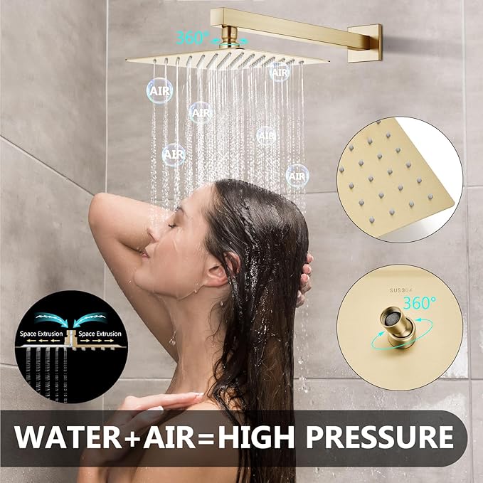 Shower Faucet Set Rainfall Shower System with Square Showerhead and Handle Set Fixture with 2 in 1 Function Handheld Sprayer Wall Mounted Trim Repair Kit Rough-in Valve 8 Inch Brushed Gold