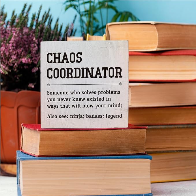 HTBIG Chaos Coordinator Thank You Gifts Office Decor Funny Motivational Desk Decor Gifts for Coworkers Boss Manager Appreciation Rustic Wooden Box Sign for Table Top Office Bookshelf White