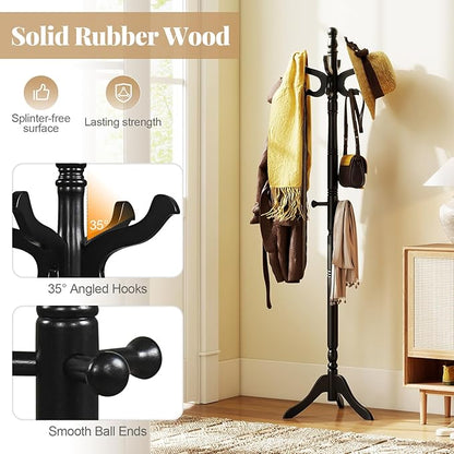 Tangkula Coat Rack Freestanding, Solid Rubber Wood Coat Tree with 11 Hooks and 3 Height Options for Coats, Hats, Bags, Purses, Clothes, Hanger Stand for Entryway Hallway Bedroom Office (Black)