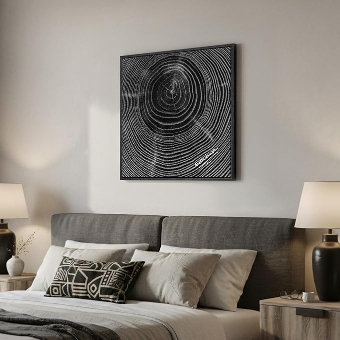 Framed Black and White Abstract Wall Art, 1 Piece Square Modern Canvas Prints Artwork for Walls, Minimalist Abstract Tree Ring Pictures for Bedroom Dining Room Lounge Living Room Wall Decor 24x24 In