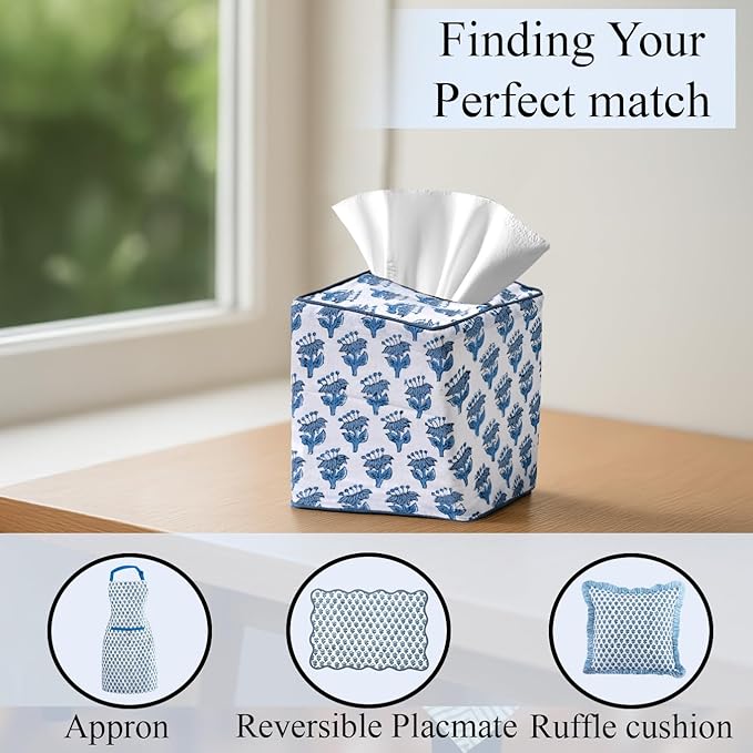 CPC Apatite Blue Hand Block Printed Cotton Tissue Box Cover 5" x 5" x 5.5" Square Soft Reusable Boho Napkin Holder for Home Kitchen Dining Bathroom Office Cafe Spa Summer Thanksgiving