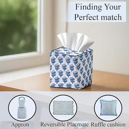 CPC Apatite Blue Hand Block Printed Cotton Tissue Box Cover 5" x 5" x 5.5" Square Soft Reusable Boho Napkin Holder for Home Kitchen Dining Bathroom Office Cafe Spa Summer Thanksgiving