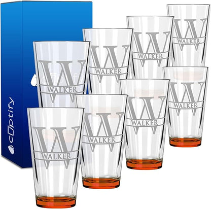 Personalized Beer Glasses Set of 8 Engraved Orange 16oz Pint Glasses for Men & Women, Custom Drinking Gift for Birthdays, Weddings, Father’s Day & More
