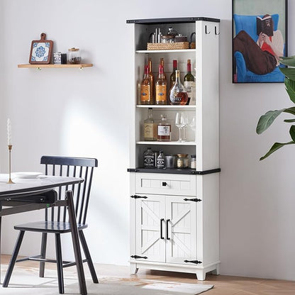 72in Tall Bookshelf 7 Tier Bookcase with Drawer and Barn Doors and Adjustable Shelves, White Farmhouse Book Shelf with Storage Cabinet, Wood Freestanding Display Bookshelves for Kitchen (3PCS)