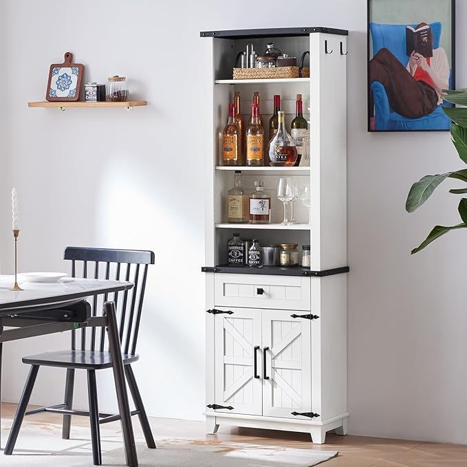 72in Tall Bookshelf 7 Tier Bookcase with Drawer and Barn Doors and Adjustable Shelves, White Farmhouse Book Shelf with Storage Cabinet, Wood Freestanding Display Bookshelves for Kitchen (2PCS)