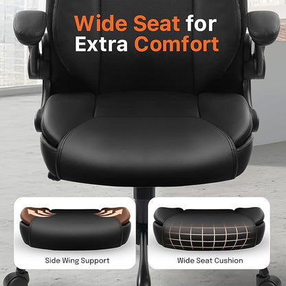 NEO Chair Ergonomic Office Chair Executive Computer Desk Chair Gaming High Back Support Comfy Seat Flip-up Arms Adjustable Height Swivel Rolling Wheels PU Leather for Home (Dark Black)