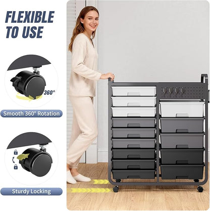 Rolling Storage Cart with Drawers, Storage Organizer Cart with Wheels and Wooden Tabletop,Utility Cart for Living Room, Classroom, Bedroom,Bathroom,Dorm,Office (Grey)