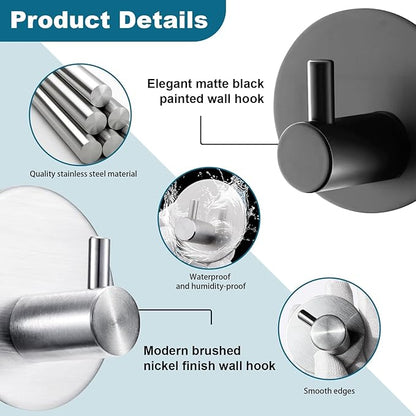 Towel Hooks for Bathroom (4 Pack) Adhesive Towel Hook Shower Hooks for Inside Shower - Sticky Bathroom Wall Hooks for Hanging Towels, Robe, Loofah, Bath Sponge - Matte Black Towel Hooks