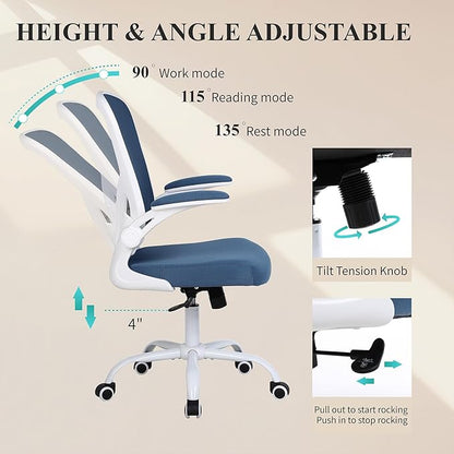 Flysky Ergonomic Office Chair, Mesh Home Office Desk Chair with Flip-up Arms and Lumbar Support, Height Adjustable, Swivel, White & Blue