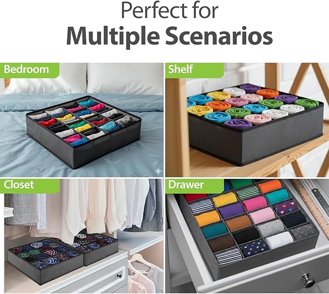 Garnen 24-Cell Drawer Organizer 4 Pack, 12x12x4 Inch Foldable Storage Box for Socks, Underwear, Bras & Ties, Closet Organizer Dividers to Maximize Dresser Drawer & Wardrobe Space, Gray