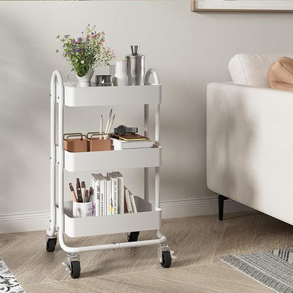 Metal Rolling Cart,3-Tier Metal Rolling Cart with Wheels,3 Tier Utility Cart with Wheels for Office,Home,Kitchen,Garden（13.4"x18.1"x31"） White