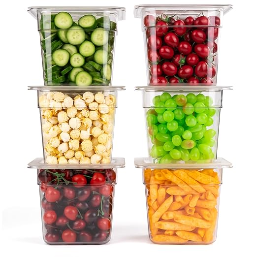 VOISEN 6 Pack Plastic Food Pan with Lids 1/6 Size 6 Inch Deep Commercial Food Storage Containers for Fridge Salad Fruits Vegetables Clear Restaurant Polycarbonate