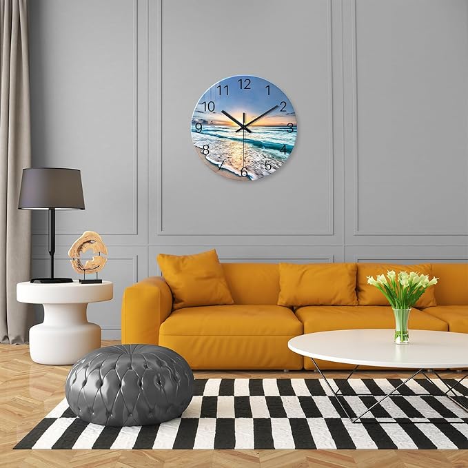 Blue Coastal Wall Clocks Battery Operated 16 Inch Glass Wall Clock Silent Beach Round Large Wall Clock for Living Room