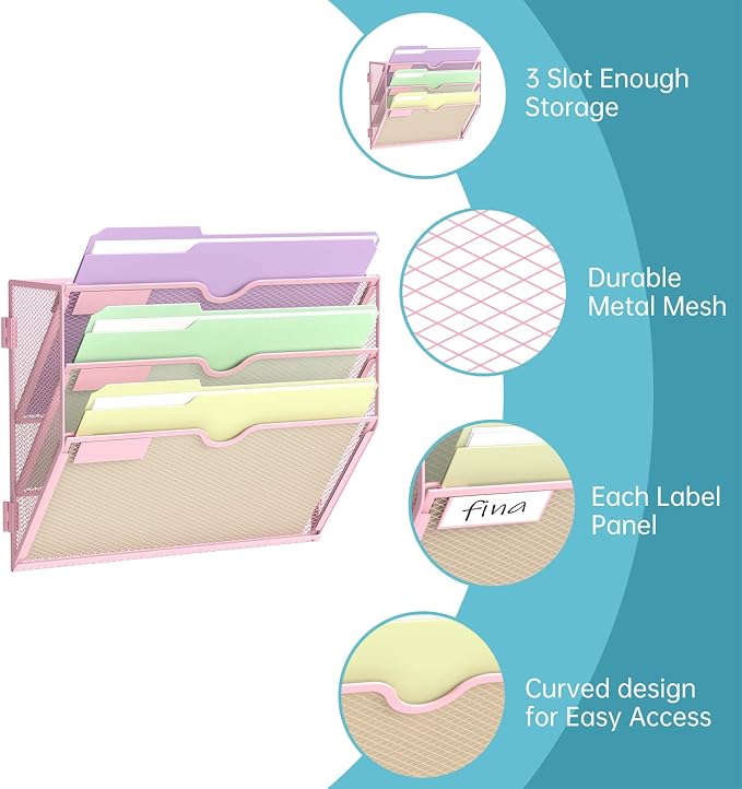 SUPEASY 3 Tier Wall File Organizer, Hanging Wall Mounted Mail Organizer with Label Slots, Metal Mesh File Holder Magazine Rack for Office, Home, School, Pink