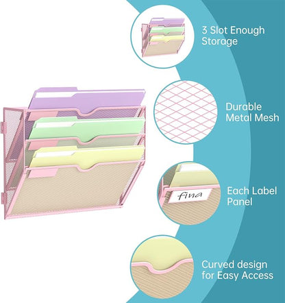 SUPEASY 3 Tier Wall File Organizer, Hanging Wall Mounted Mail Organizer with Label Slots, Metal Mesh File Holder Magazine Rack for Office, Home, School, Pink