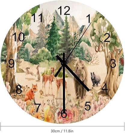 Forest Wood Wall Clock, Retro Mountain Forest Nature Tree Woodland Flower Animal Bear, Deer Pattern 12 Inch Silent Non-Ticking Battery Operated Round Clock for Bedroom Living Room Office Decor