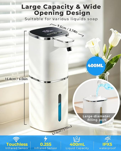 Automatic Foaming Soap Dispenser, 13.5oz/400mL, USB Rechargeable, 9-Adjustable Foam Levels, IPX5 Waterproof, Touchless & Wall/Tabletop Use for Kitchen Bathroom, White