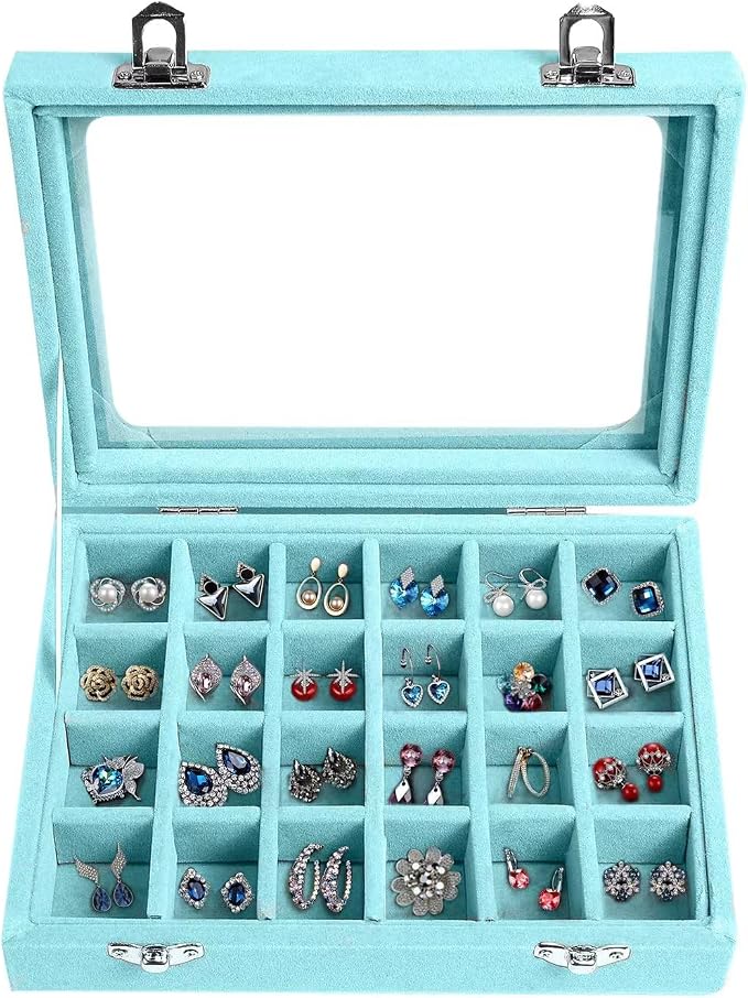 Velvet Jewelry Box 24 Grid Jewelry Earrings Display Organiser Box Ring Tray Holder Earrings Storage Case for Girls Women Wife Mom (Light blue)
