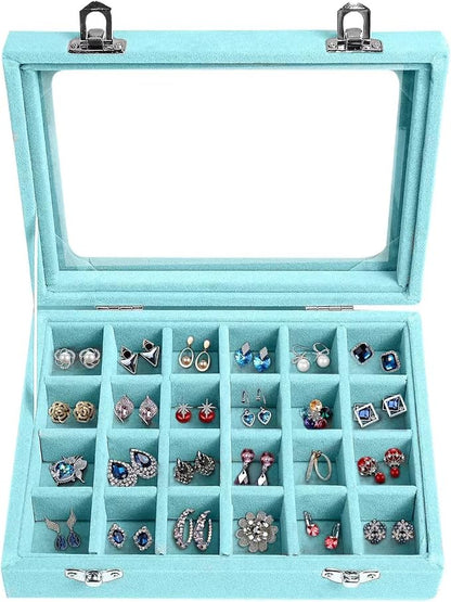 Velvet Jewelry Box 24 Grid Jewelry Earrings Display Organiser Box Ring Tray Holder Earrings Storage Case for Girls Women Wife Mom (Light blue)