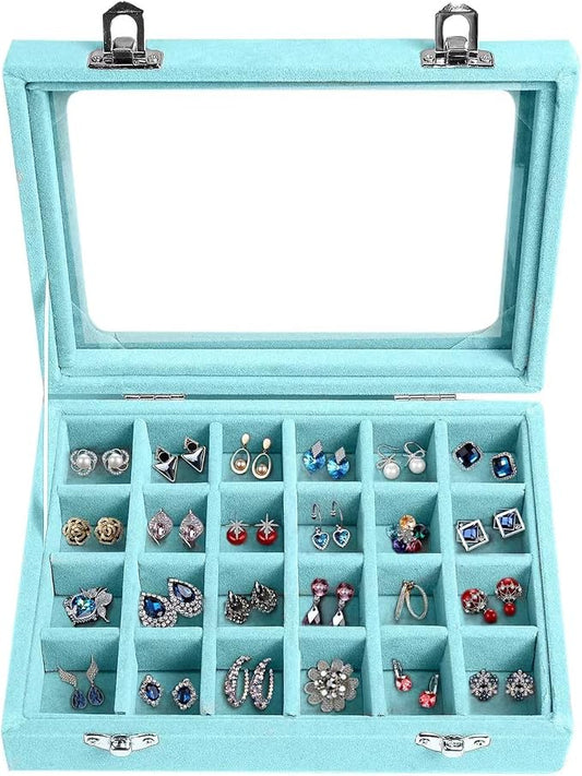 Velvet Jewelry Box 24 Grid Jewelry Earrings Display Organiser Box Ring Tray Holder Earrings Storage Case for Girls Women Wife Mom (Light blue)