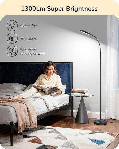 EDISHINE LED Floor Lamp, 1300LM Super Bright Reading Floor Lamps for Living Room, Dimmable 4 Color Temperature Standing Lamp, Remote & Touch Control, Adjustable Gooseneck Lamp for Bedroom Office Black