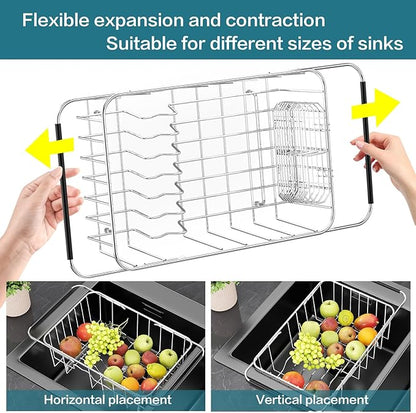 Small Dish Drainer Rack in Sink Adjustable, Expandable 304 Stainless Steel Metal Dish Drying Rack Organizer with Stainless Steel Utensil Holder Over Inside Sink Counter, Rustproof(For 1-2 People)