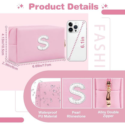 ChaoGreat Bride Gifts – Personalized Initial Makeup Bag with Pearl Rhinestone Patch, Preppy Pink Monogram Cosmetic/Toiletry Pouch, bridesmaid Gifts, Bridal Shower Gifts, Wedding Gifts, Bridal Gifts,S