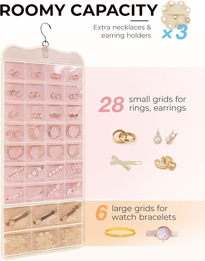 BAGSMART Hanging Jewelry Organizer Storage with Hanger Metal Hooks Double-Sided Jewelry Holder for Earrings, Necklaces, Rings on Closet, Wall, Door, 1 piece Large Beige