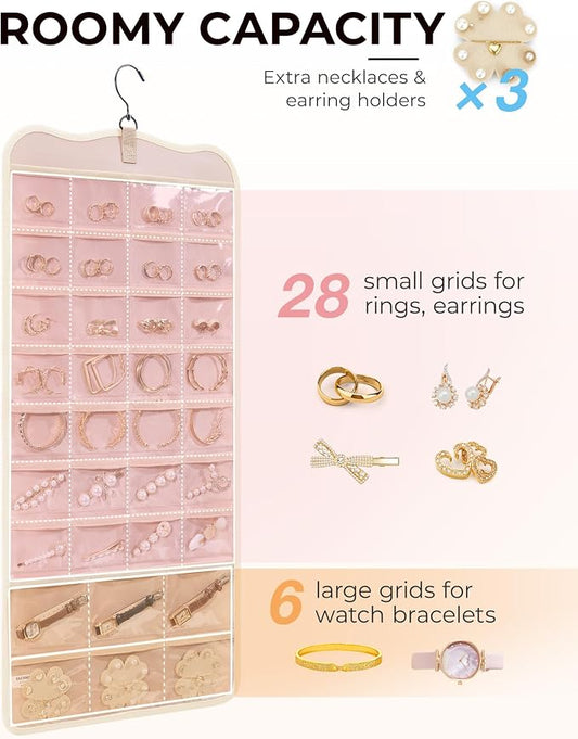 BAGSMART Hanging Jewelry Organizer Storage with Hanger Metal Hooks Double-Sided Jewelry Holder for Earrings, Necklaces, Rings on Closet, Wall, Door, 1 piece Large Beige