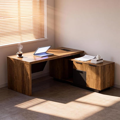 Retractable L-Shaped Executive Desk, Modern Office Desk with Drawers and Lateral File Cabinet, Large Computer Desk with Storage Shelves, Workstation for Home Office (Right Return, 70.86 - 78.7 IN)