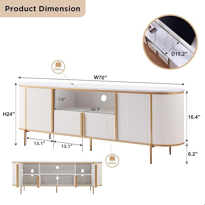 OKD 70" Fluted TV Stand with Storage, Faux Marble Top Entertainment Center for TVs Up to 80", Modern Curved Edge Media Console Cabinet for Living Room, Off White