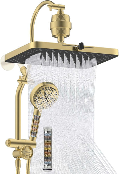 Hibbent cUPC Certified 13'' Shower Head Combo, High Pressure 5 Spray Rainfall Showerhead, 10 Spray Handheld, All Metal Easy Reach 4-way Diverter Arm with Pause Mode, 71'' Hose and Holder, Brushed Gold
