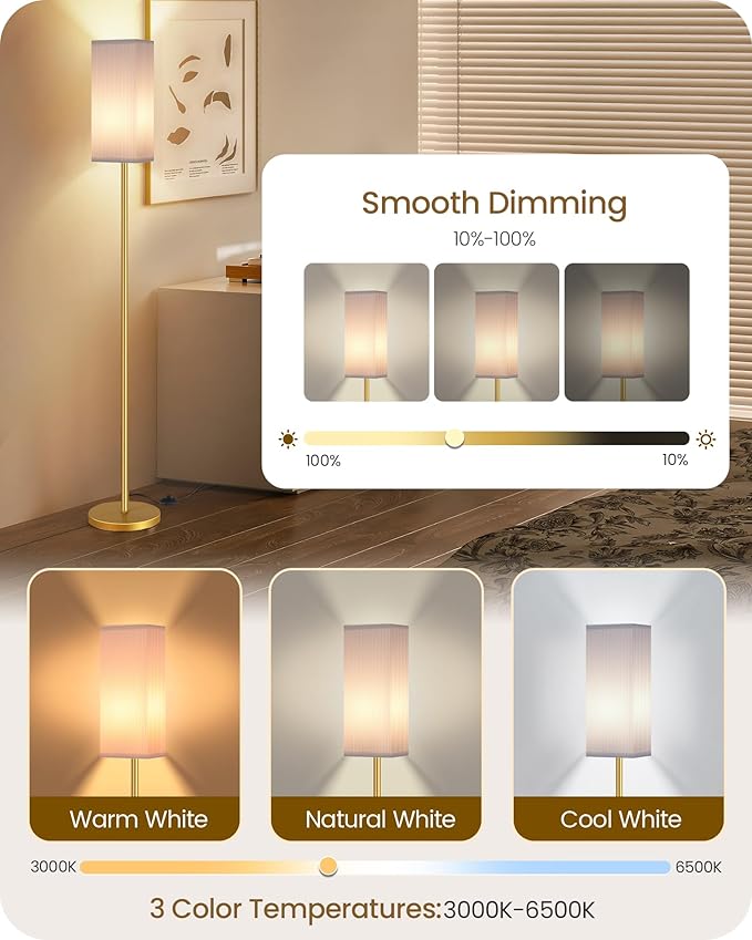 64.2” Dimmable Floor Lamp for Living Room with Remote and Foot Switch, Corner Floor Lamp for Bedroom, Includes 10W A19 Bulb, Modern Standing Tall Lamp, ETL Listed, White and Gold DCW17LD05