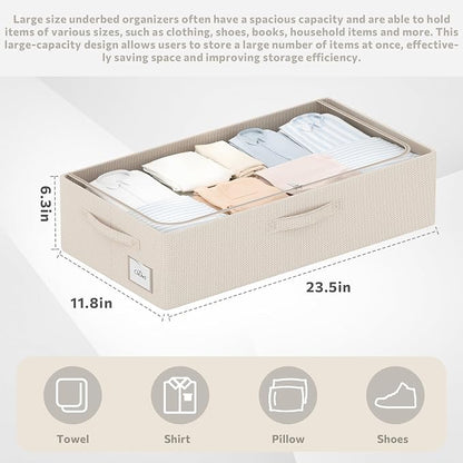 CYhom 3Pcs Under Bed Storage Bins with Metal Frame - Shoe Organizer for Closet with Clear Cover Oxford Fabric Sturdy Underbed Container Foldable Stackable Clothes Organizer (Beige, 23.5x11.8x6.3)