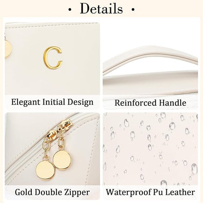 Valentine's Day Gifts for Women Teen Girl, Personalized Initial Makeup Organizer Bag Set, Open Flat Travel Cosmetic Bag With Clear Divider and Handle(Beige,C)