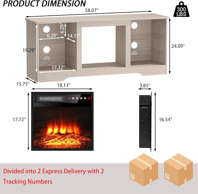 PRETZI Fireplace TV Stand with 18" Fireplace Up to 65" TVs, 58" Entertainment Center with LED Lights, TV Media Console with Adjustable Glass Shelves and Storage Cabinets for Living Room, Beige