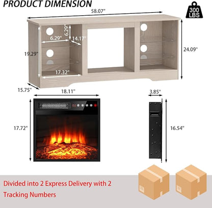 PRETZI Fireplace TV Stand with 18" Fireplace Up to 65" TVs, 58" Entertainment Center with LED Lights, TV Media Console with Adjustable Glass Shelves and Storage Cabinets for Living Room, Beige