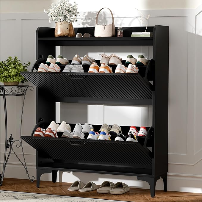 HIFYOBRO Fluted Shoe Cabinet with 2 Flip Drawers, Hidden Shoes Storage Cabinet, Modern Shoe Rack Organizer, Freestanding Narrow Shoes Organizer for Hallway, Entryway (Black)