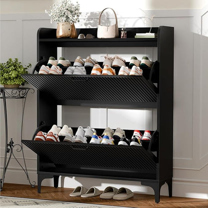 HIFYOBRO Fluted Shoe Cabinet with 2 Flip Drawers, Hidden Shoes Storage Cabinet, Modern Shoe Rack Organizer, Freestanding Narrow Shoes Organizer for Hallway, Entryway (Black)