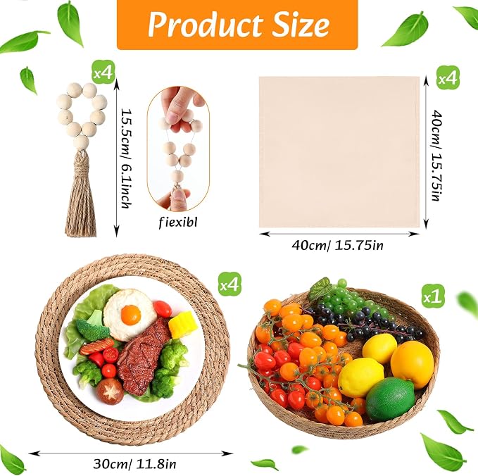 4 Sets Boho Decoration Placemats Round Woven Placemats, Cloth Napkins, Wood Bead Napkin Rings, Long Table Runner and Farmhouse Burlap Cotton for Table Kitchen (Green,12x72)
